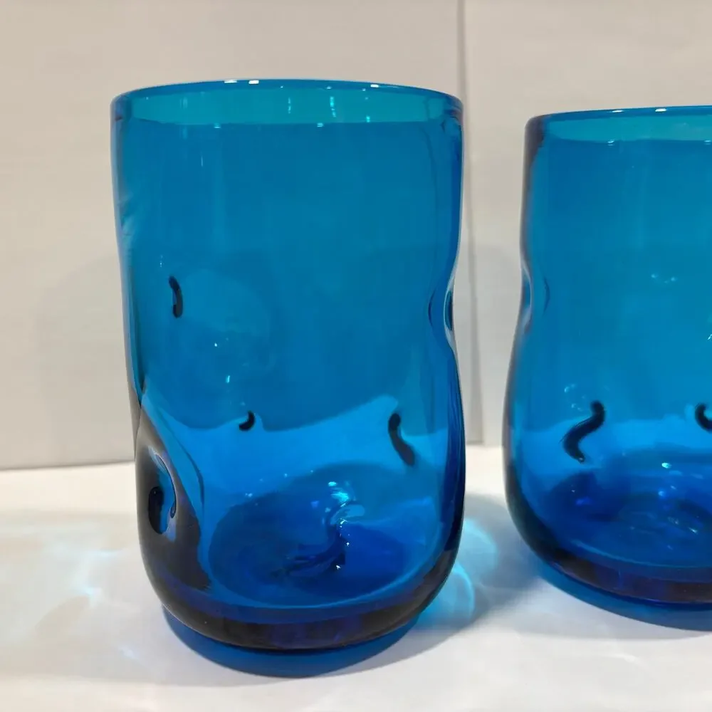 Set of 3 Blenko Tumbler Drinking Glasses Turquoise Blue Pinched Dimpled 4.5 Inch